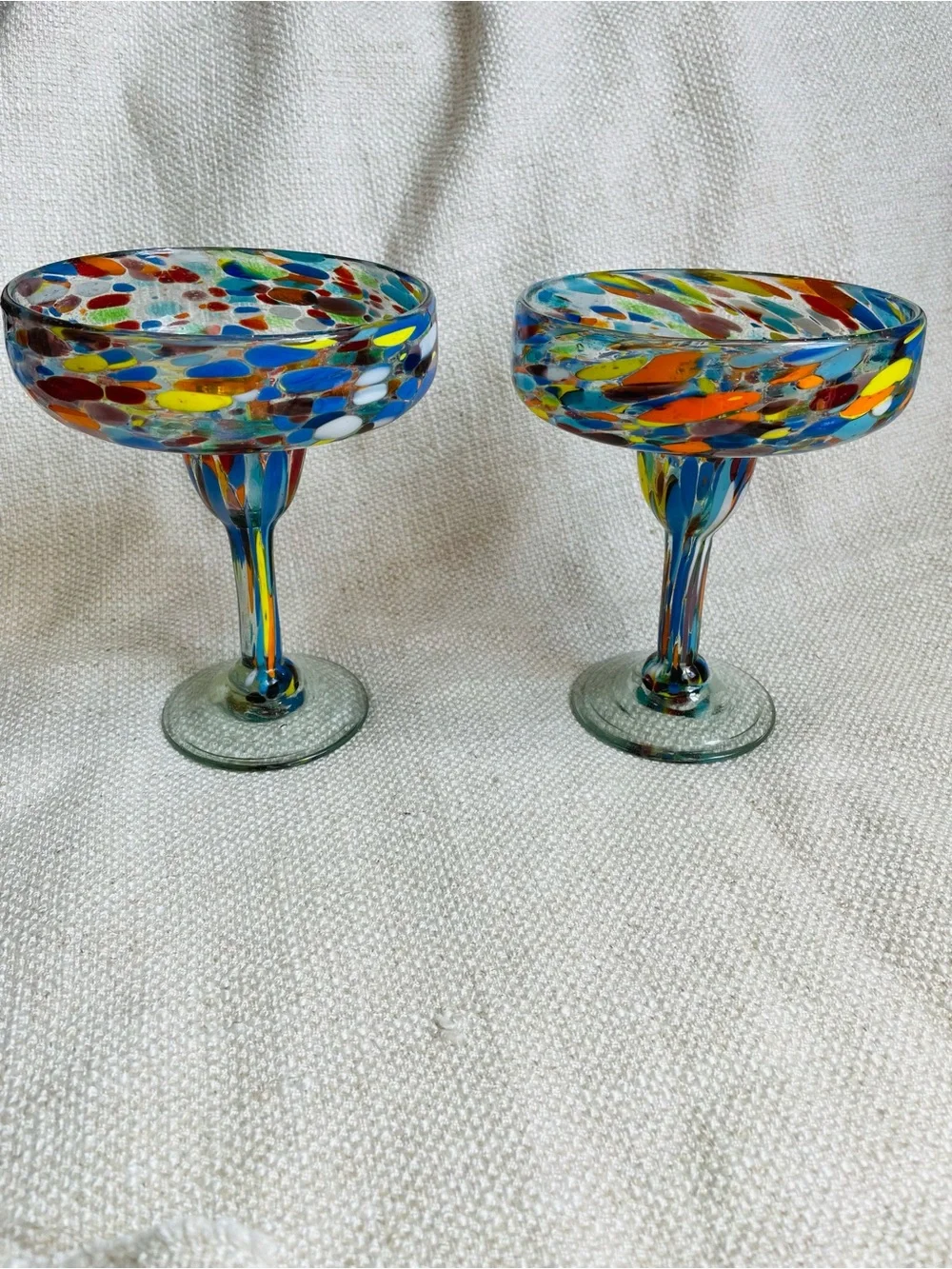 (2) Crate & Barrel Handblown Multicolor Speckled Glass Compote Martini Glasses